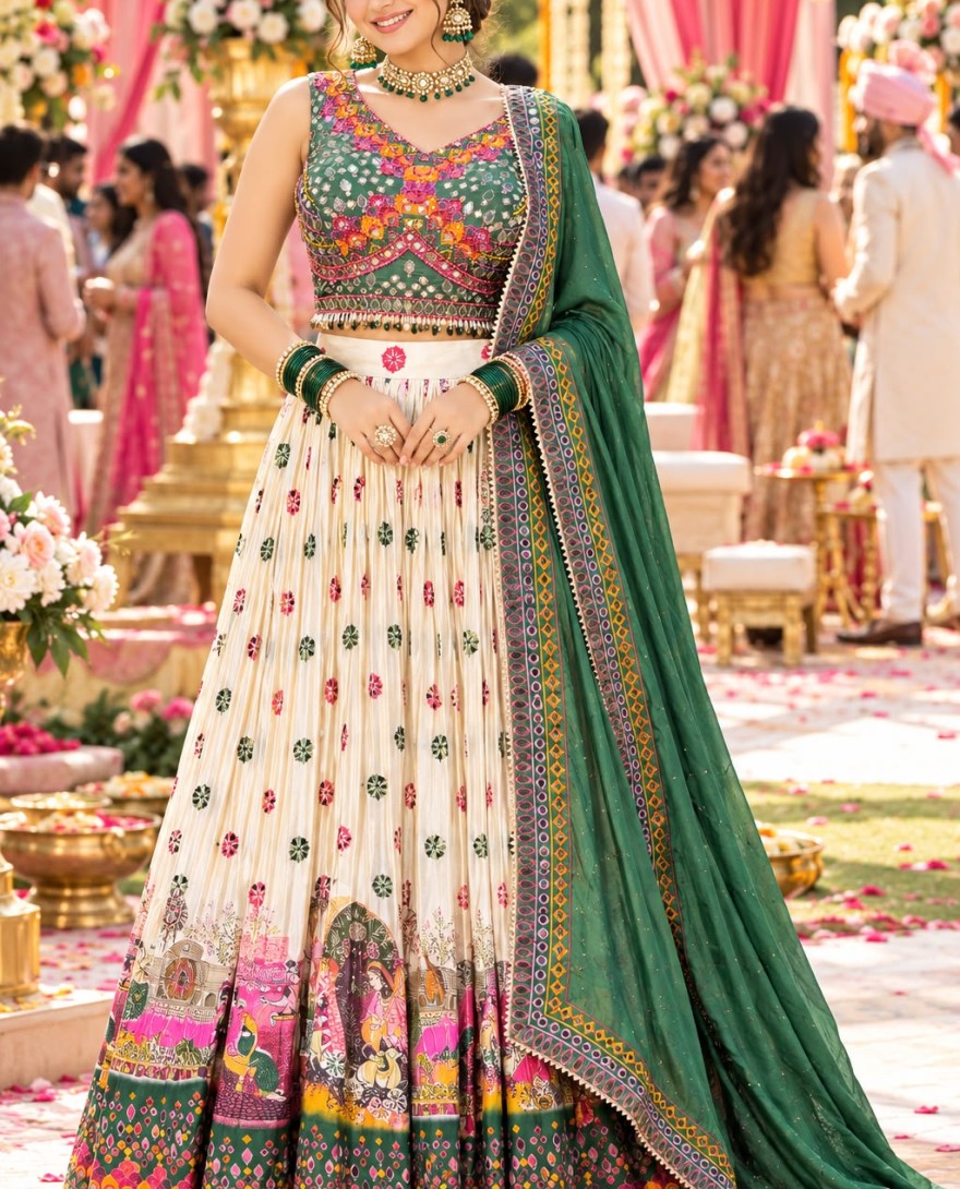 CREAM - Crepe Silk Cream Festival Wear Embroidery Work Readymade Lehenga Choli